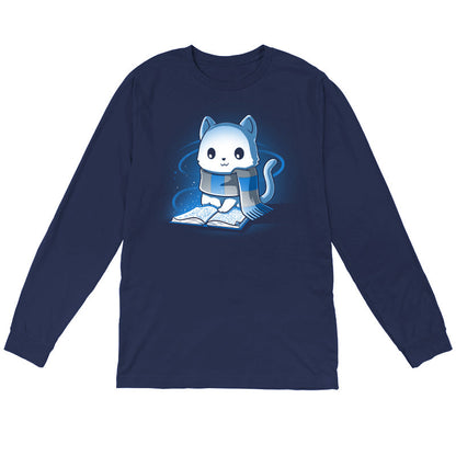 Long Sleeve T-shirt_TeeTurtle navy blue Smart Kitty. Featuring a white cat with a blue and silver striped scarf reading a book.