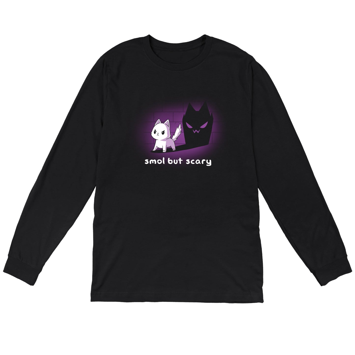 Long Sleeve T-shirt_TeeTurtle Smol but Scary black t-shirt featuring a fierce cat casting a spooky shadow