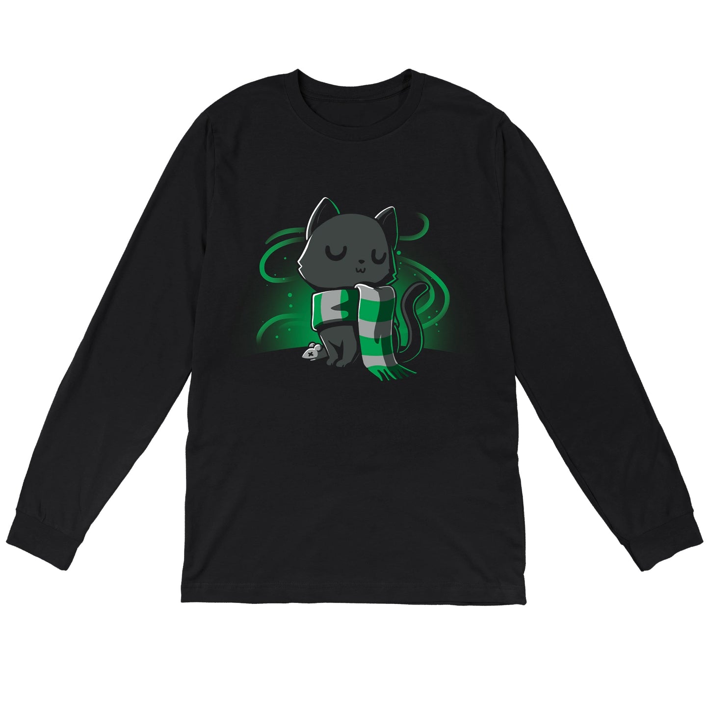 Long Sleeve T-shirt_TeeTurtle black Sneaky Kitty. Featuring a haughty black cat with a silver and green striped scarf.