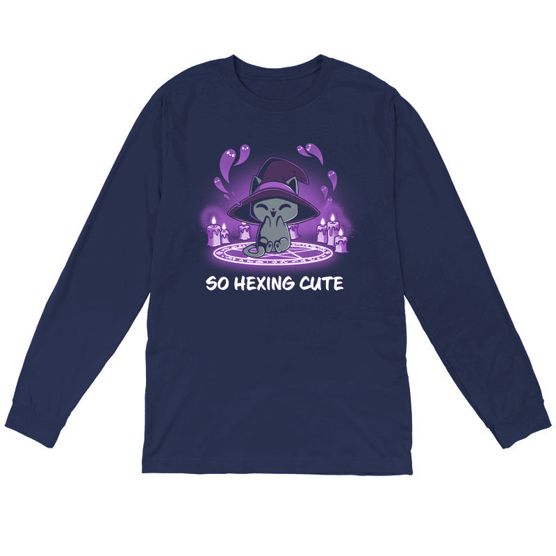 Long Sleeve T-shirt_TeeTurtle navy blue So Hexing Cute. Featuring a cat with a witch hat sitting in the middle of a summoning pentagram.