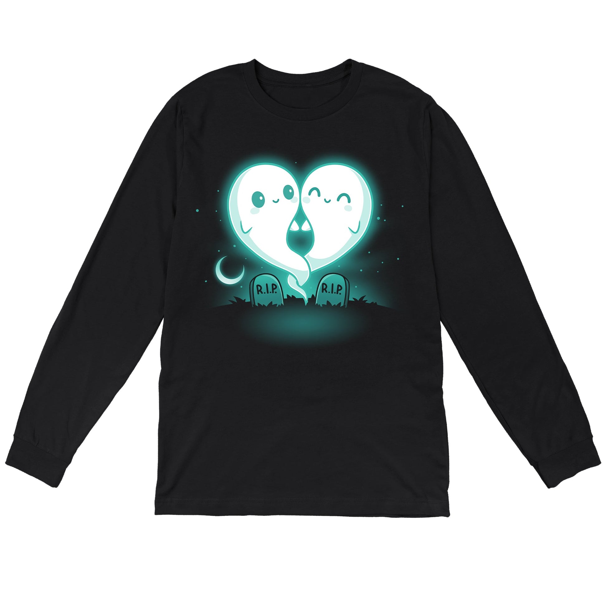 Long Sleeve T-shirt_TeeTurtle Soulmates black t-shirt featuring two glowing ghost figures, forming a heart shape, float above two gravestones that read "R.I.P."