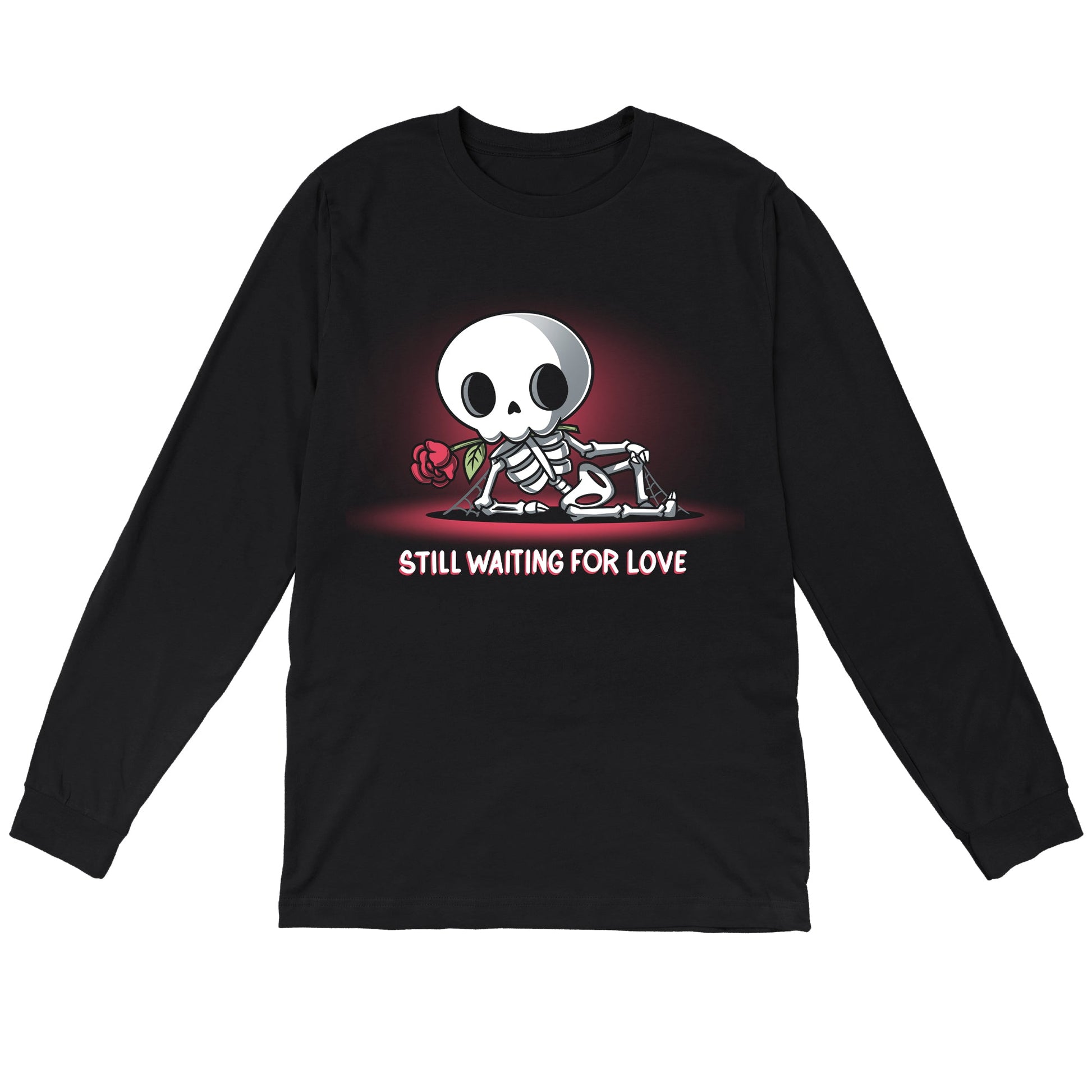 Long Sleeve T-shirt_TeeTurtle Still Waiting For Love black t-shirt featuring a skeleton holding a red rose and lying on the ground with the text "Still Waiting for Love."