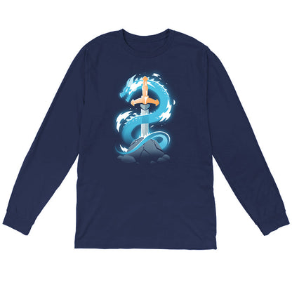 Long Sleeve T-shirt_TeeTurtle Sword Dragon navy blue t-shirt featuring a sword in a cracked rock, with a dragon coiling around it.