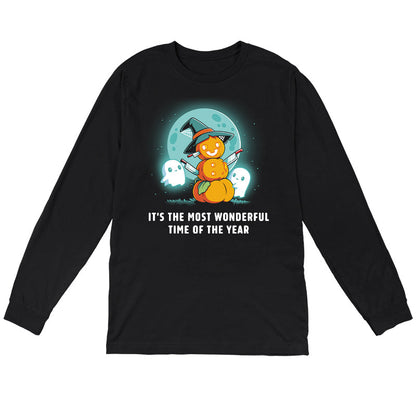 Long Sleeve T-shirt_TeeTurtle black The Most Wonderful Time of the Year. Featuring a snowman made out of pumpkins with knives sticking out of it surrounded by ghosts.