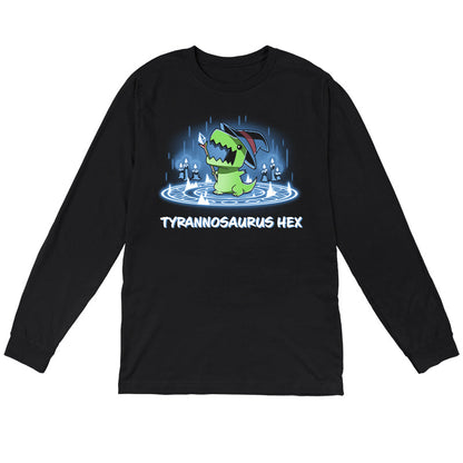 Long Sleeve T-shirt_TeeTurtle black Tyrannosaurus Hex. Featuring a t-rex wearing a witch hat with a wand inside a summoning pentagram.