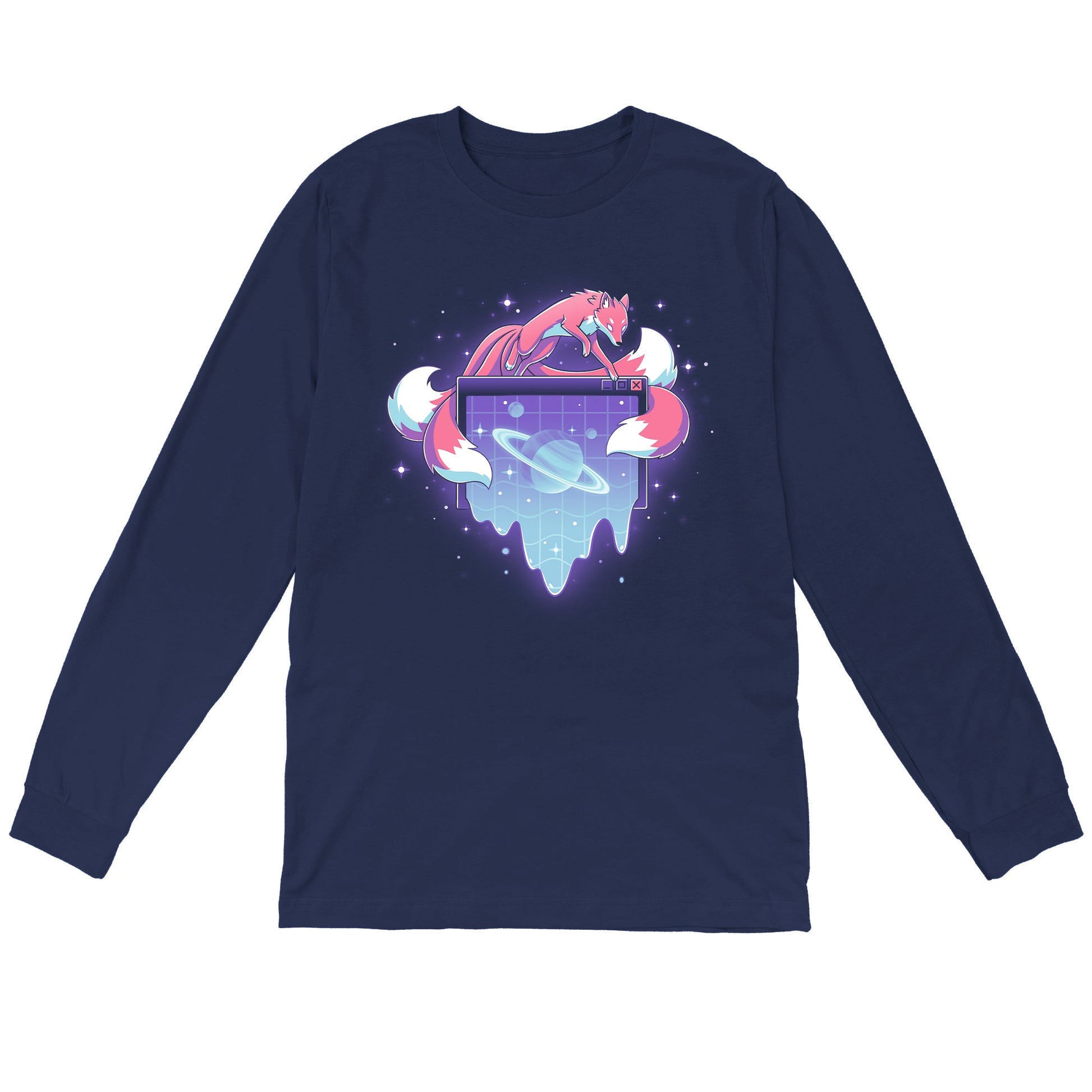 Long Sleeve T-shirt_TeeTurtle navy blue Vaporwave Kitsune apparel featuring a kitsune leaping over a computer window pop-up with a ringed planet in it in a vaporwave aesthetic.