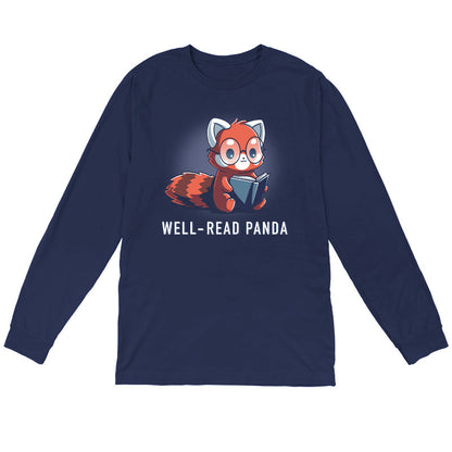 Long Sleeve T-shirt_TeeTurtle Well-Read Panda navy blue t-shirt featuring a red panda wearing glasses and reading a book.