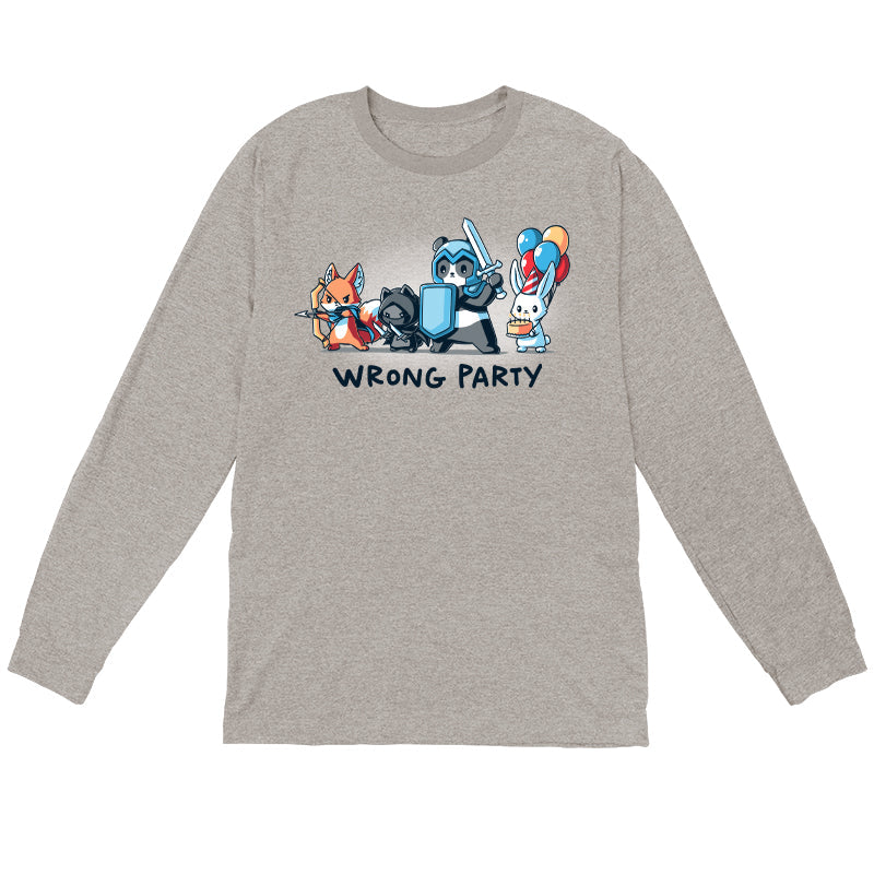 Long Sleeve T-shirt_A group of cartoon animals dressed as an archer fox, ninja cat, knight panda, and a rabbit holding balloons and cake. Text below reads "WRONG PARTY." This whimsical scene is printed on a monsterdigital Wrong Party apparel made from super soft ringspun cotton. Unisex apparelavailable.