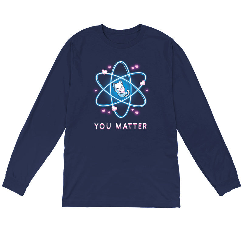 Long Sleeve T-shirt_TeeTurtle You Matter navy blue t-shirt featuring a cat hugging a heart, surrounded by an atomic structure.