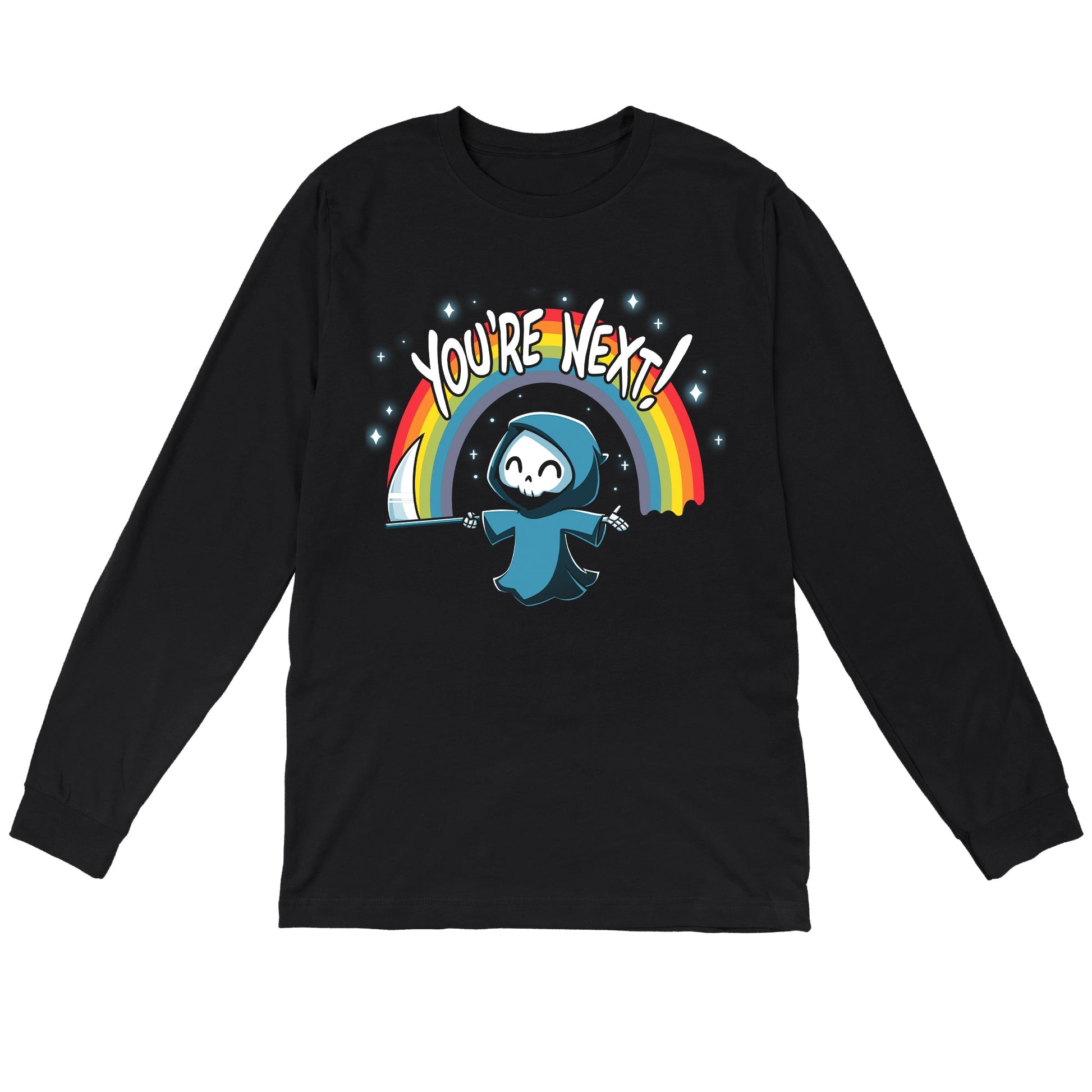 Long Sleeve T-shirt_TeeTurtle You're Next! black t-shirt featuring a cheerful Grim Reaper with a scythe under a rainbow and the text "You're Next!" 