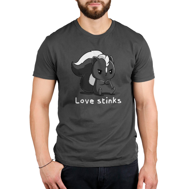 Premium Cotton T-shirt_A black and white cartoon skunk sits with a grumpy expression on this Love Stinks apparel by monsterdigital, made from super soft ringspun cotton. The phrase "Love stinks" is written below in white text, set against a charcoal gray apparelbackground.