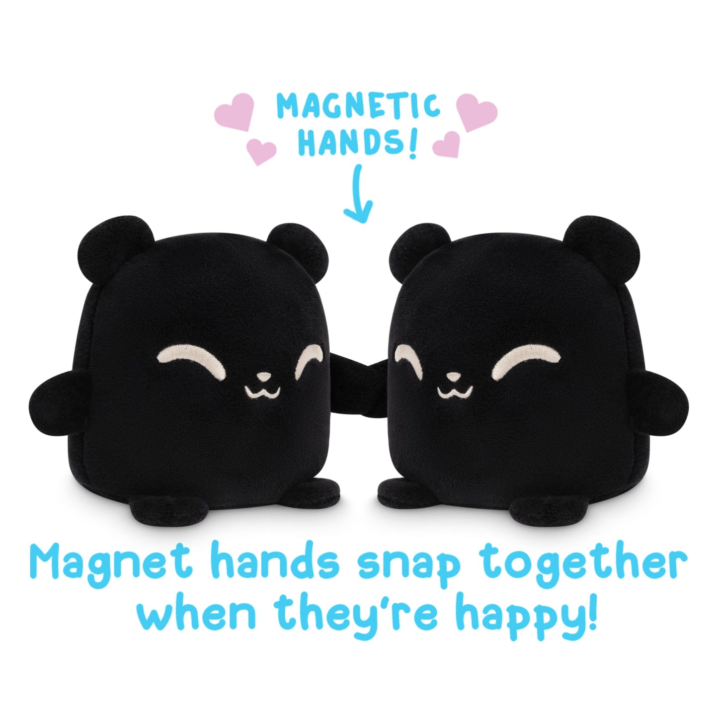 Two TeeTurtle Reversible Bear Plushmates with magnetic hands snap together when they're happy.