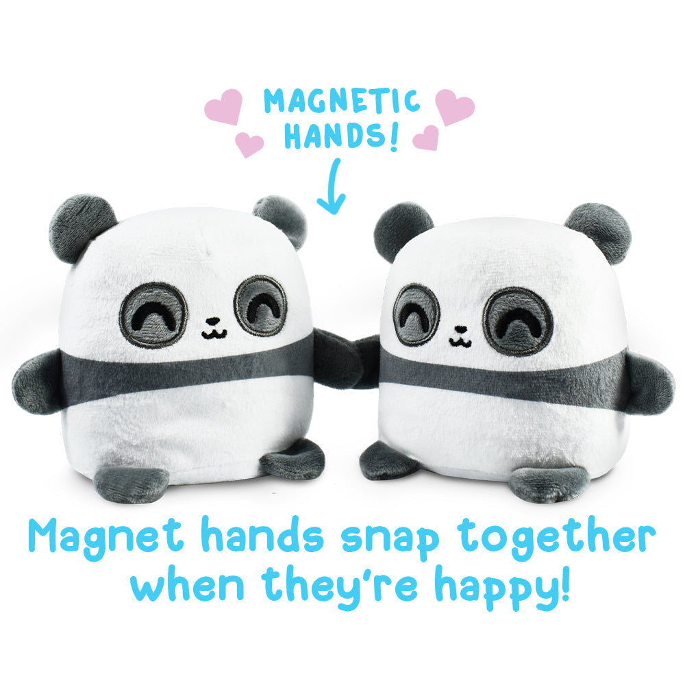 Two TeeTurtle Reversible Bear Plushmates with magnetic hands snap together when they're happy.