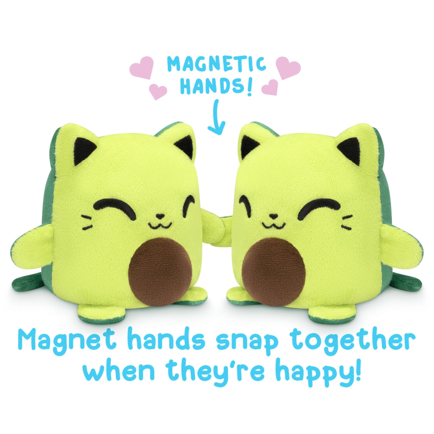 A pair of green TeeTurtle Reversible Cat Plushmates with magnetic hands that snap together when they're happy.