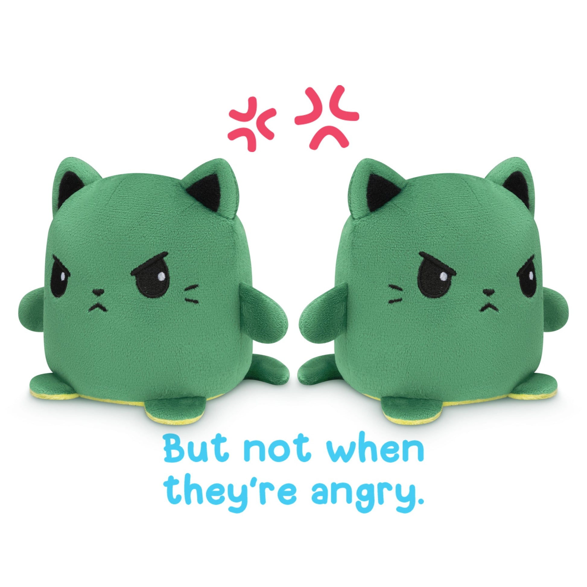 Two Reversible Cat Plushmate plush toys with the words, but not when they're angry, by TeeTurtle.