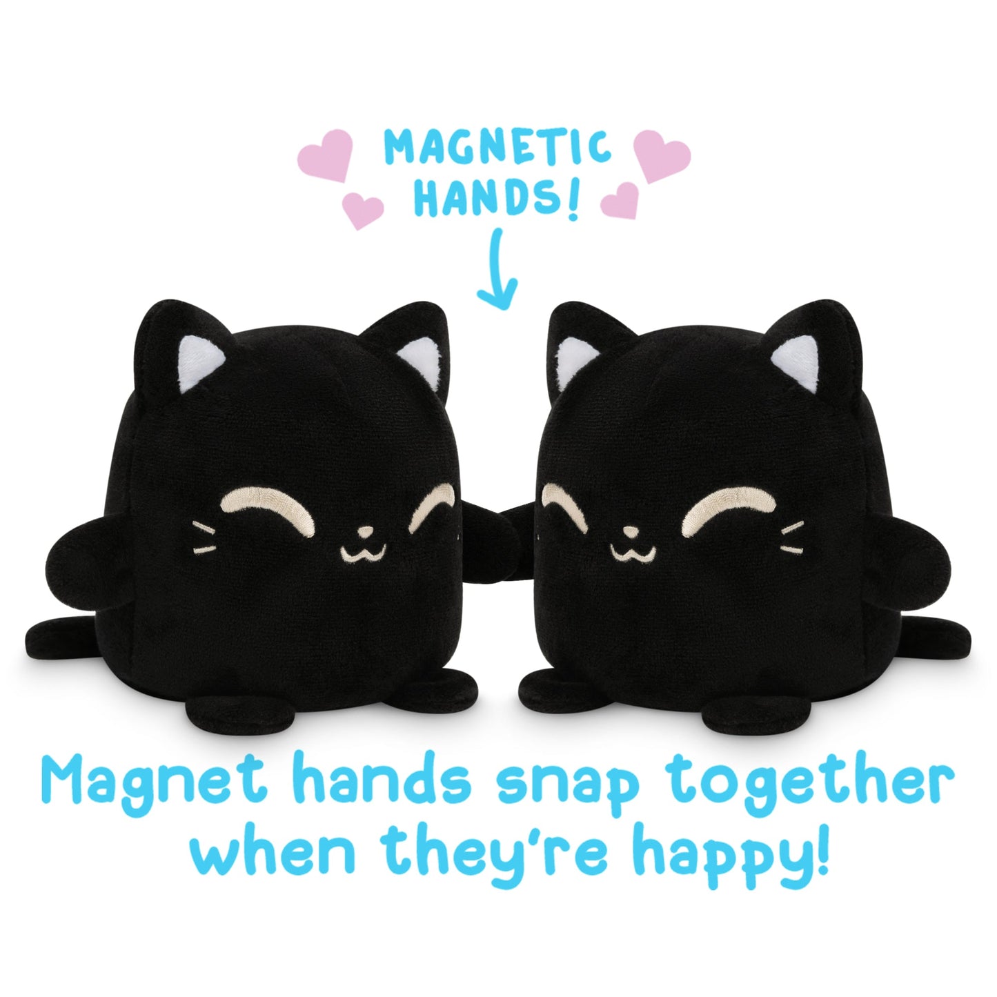 Reversible Cat Plushmates, also known as TeeTurtle plush toys, are two black cats with magnetic hands that snap together when they're happy. Created by TeeTurtle, these adorable feline