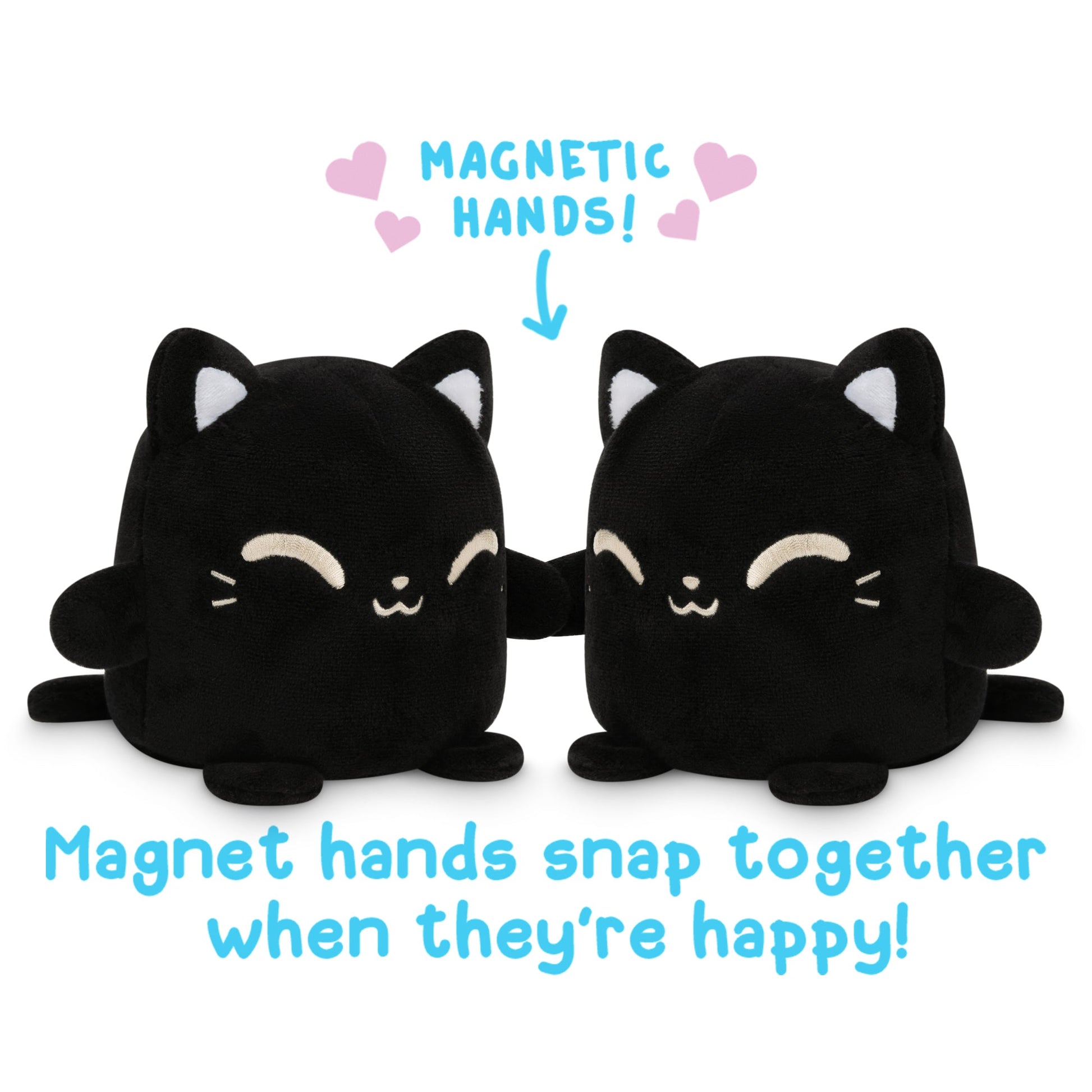 Reversible Cat Plushmates, also known as TeeTurtle plush toys, are two black cats with magnetic hands that snap together when they're happy. Created by TeeTurtle, these adorable feline