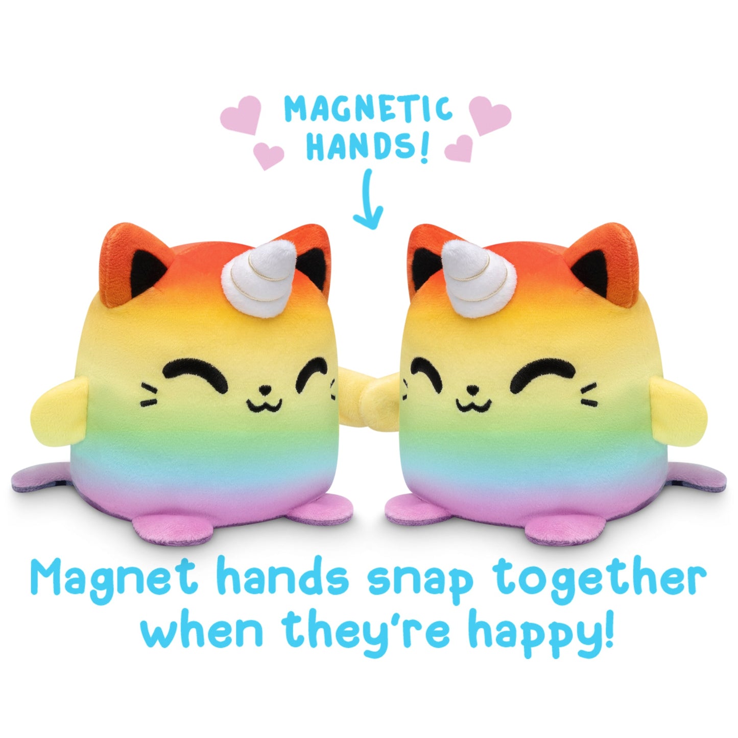 TeeTurtle's Reversible Kittencorn & Cat Plushmates with magnet hands snap together when they're happy.