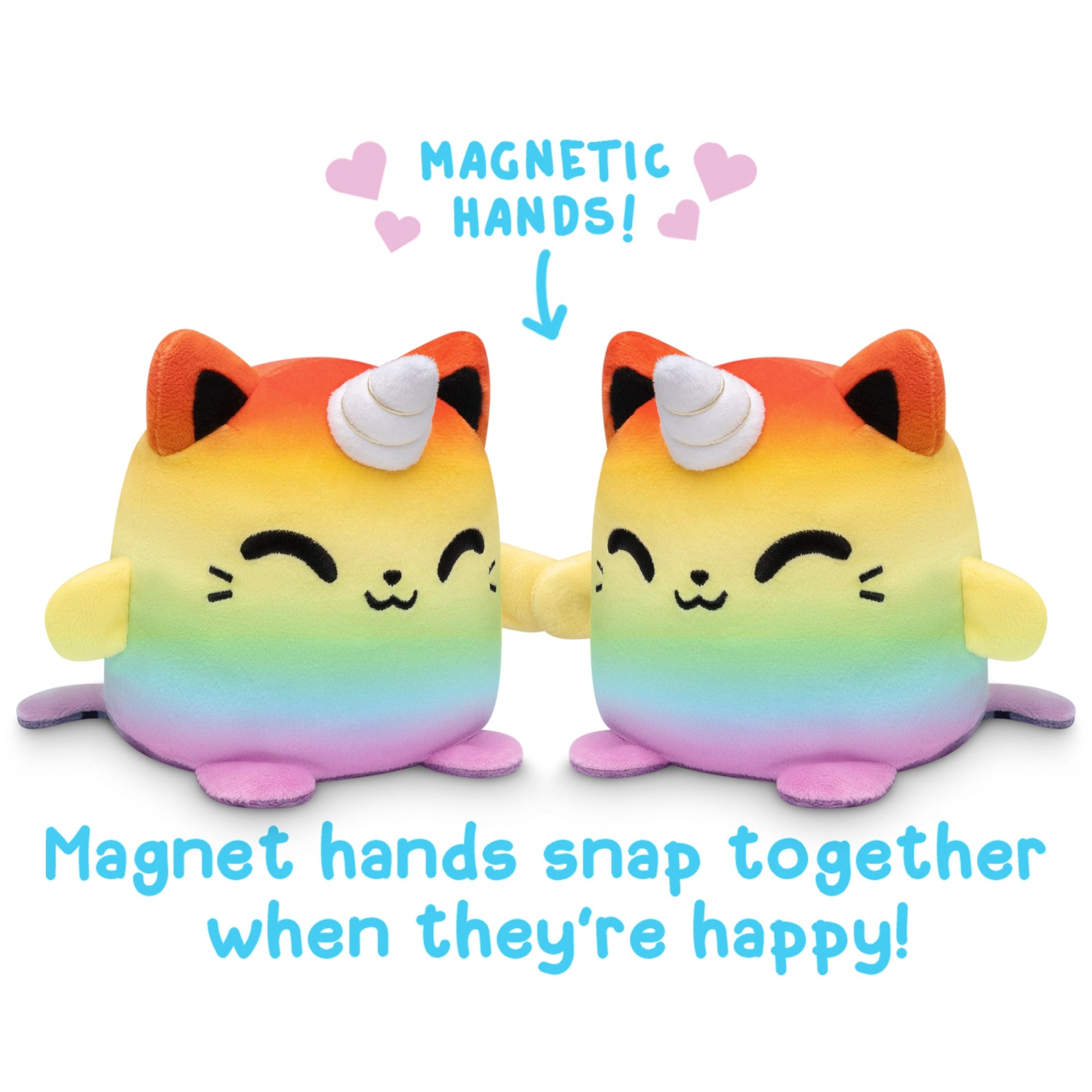 TeeTurtle's Reversible Kittencorn & Cat Plushmates with magnet hands snap together when they're happy.