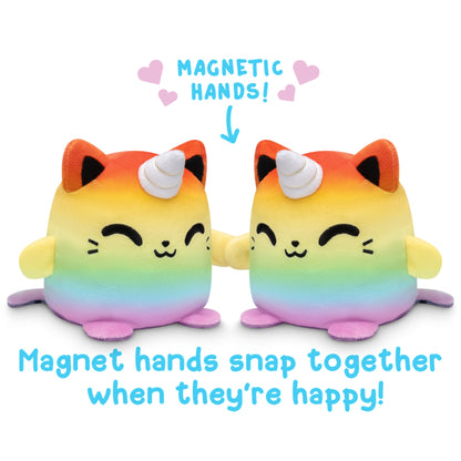 TeeTurtle's Reversible Kittencorn & Cat Plushmates with magnet hands snap together when they're happy.