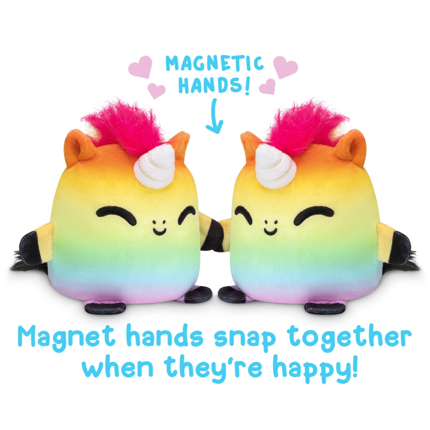 Two TeeTurtle Reversible Unicorn & Horse Plushmates, with magnetic hands that snap together when they're happy.