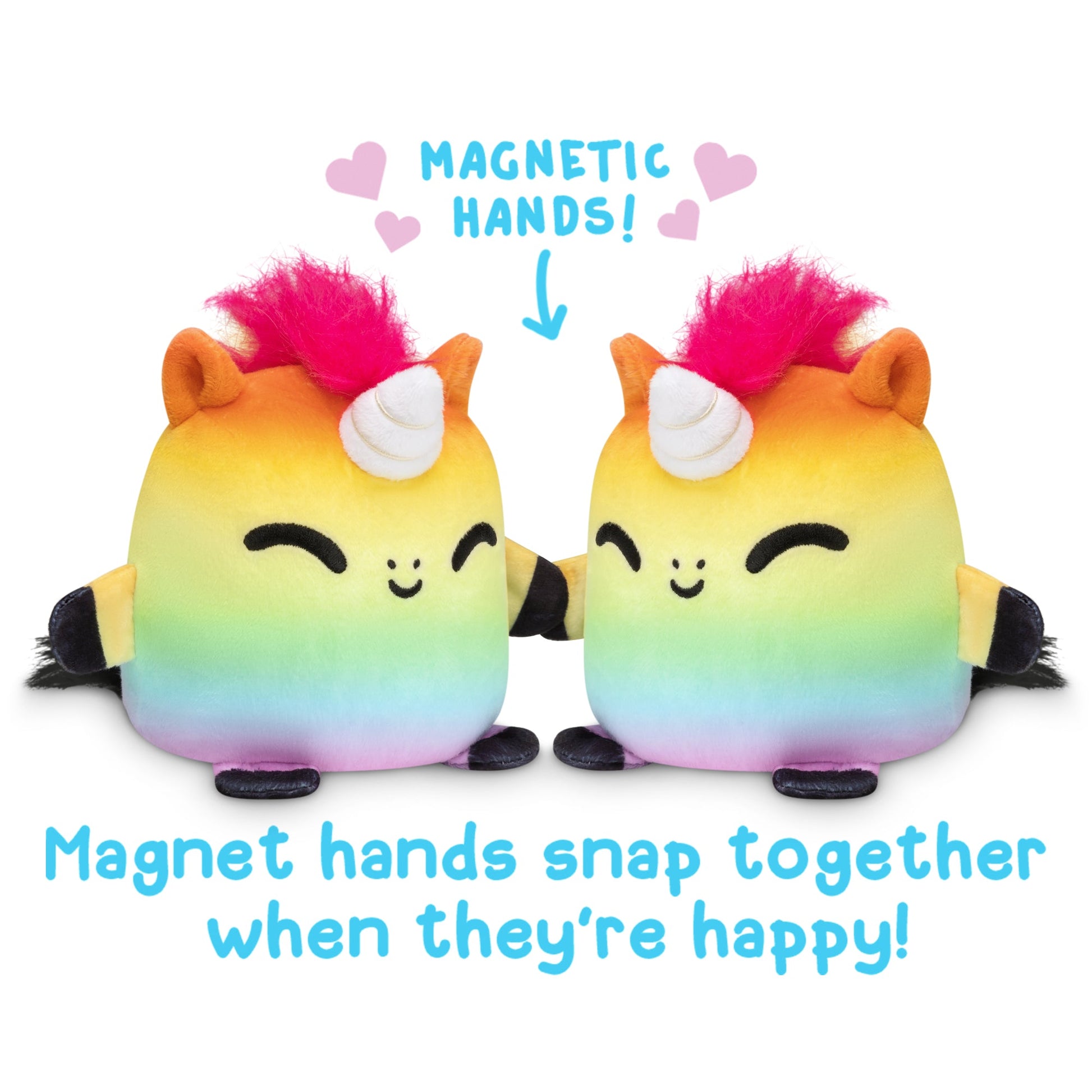 Two TeeTurtle Reversible Unicorn & Horse Plushmates, with magnetic hands that snap together when they're happy.