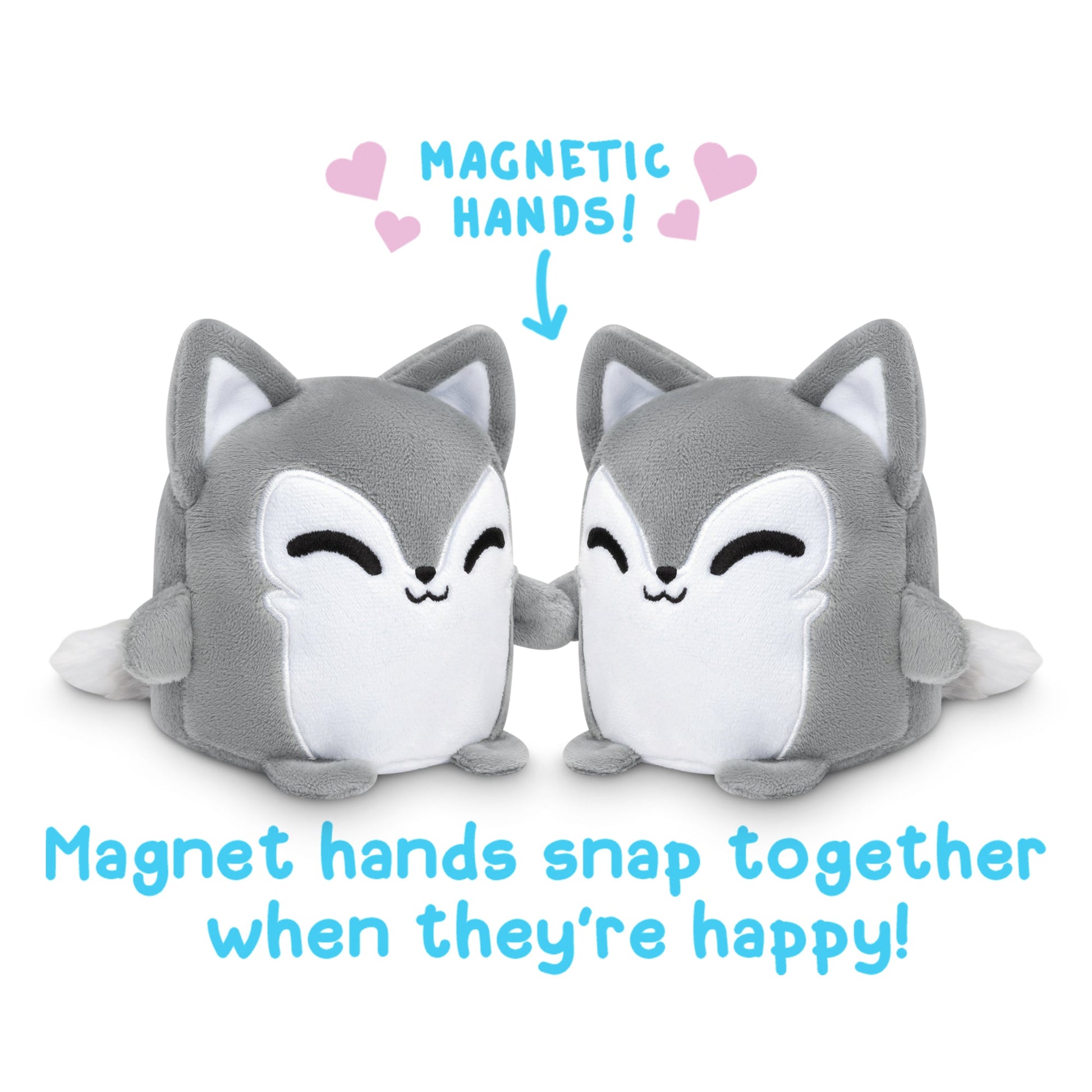 Two Reversible Wolf Plushmates with magnetic hands that snap together when they're happy, inspired by TeeTurtle's Reversible Wolf Plushmates.