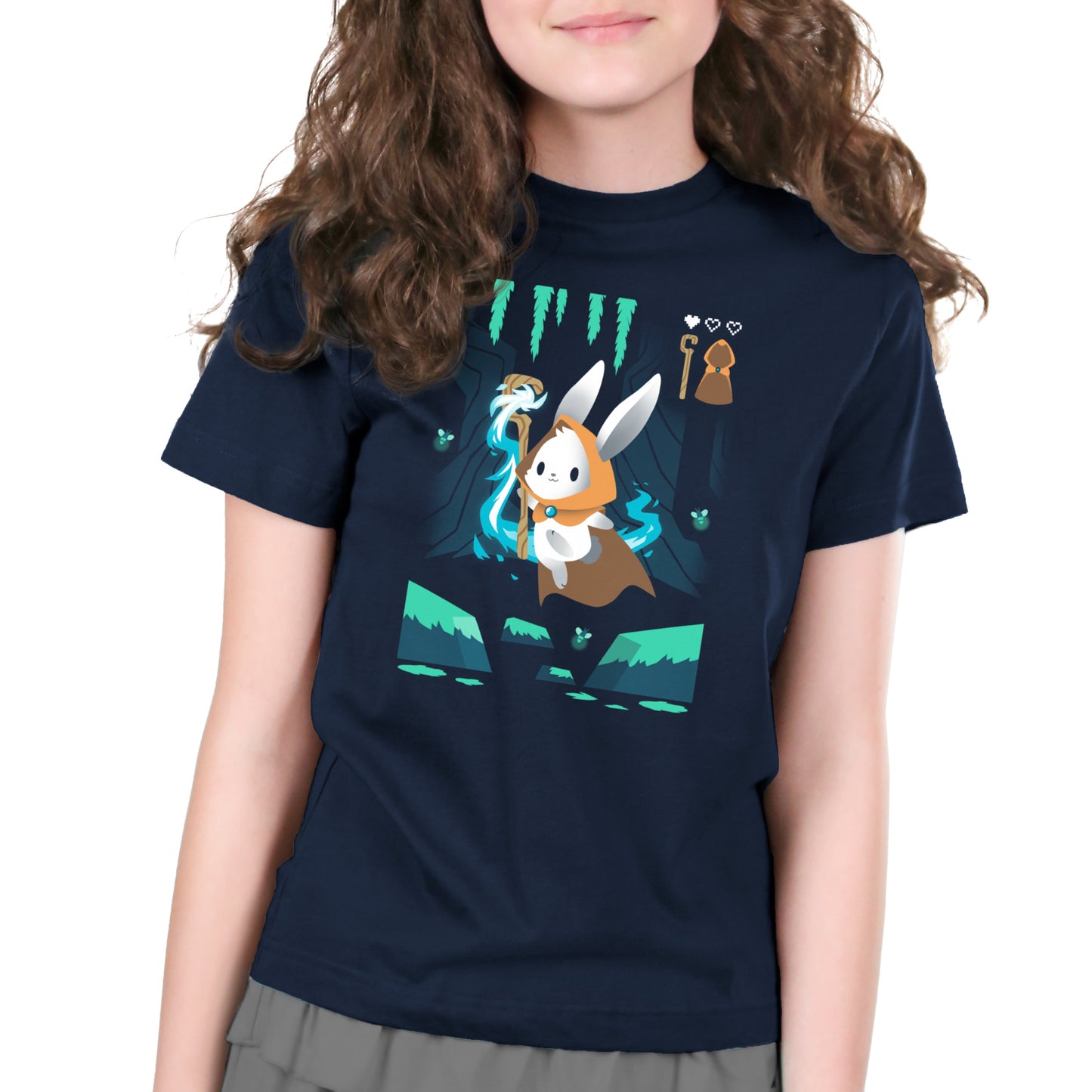 Premium Cotton T-shirt_TeeTurtle Mage Class navy blue t-shirt featuring an adventurous magical bunny holding a staff and skipping across a river and surrounded by fireflies. 