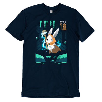 Premium Cotton T-shirt_TeeTurtle Mage Class navy blue t-shirt featuring an adventurous magical bunny holding a staff and skipping across a river and surrounded by fireflies. 