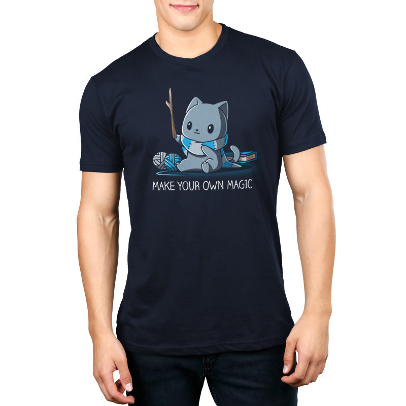 Premium Cotton T-shirt_Teeturtle Make Your Own Magic Navy Blue Featuring a gray cat sitting in front of a book next to yarn with a wand-like stick and a crafted scarf with the text 'Make Your Own Magic' below.