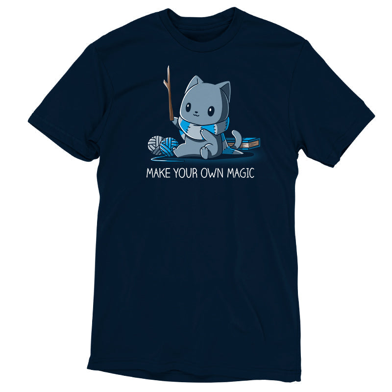 Premium Cotton T-shirt_Teeturtle Make Your Own Magic Navy Blue Featuring a gray cat sitting in front of a book next to yarn with a wand-like stick and a crafted scarf with the text 'Make Your Own Magic' below.