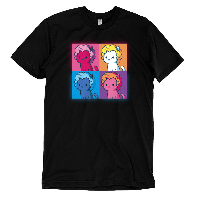 Premium Cotton T-shirt_TeeTurtle Marilyn Meownroe black t-shirt featuring a four panel, multicolored and stylized image of a cartoon cat in a Marilyn Monroe wig in parody of the famous painting of her.