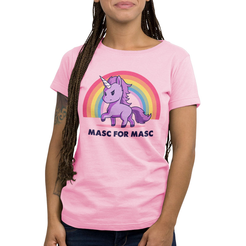 Premium Cotton T-shirt_TeeTurtle Masc for Masc pink t-shirt featuring a unicorn with a serious expression standing in front of a rainbow.