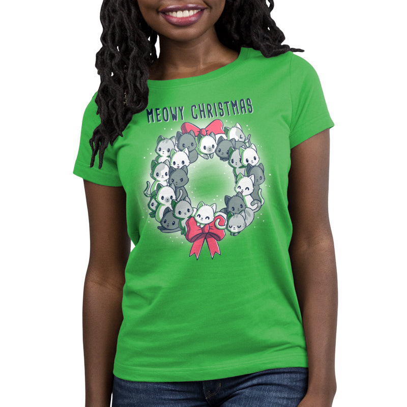 Premium Cotton T-shirt_TeeTurtle Meowy Christmas Wreath apple t-shirt featuring kawaii and sweet cats in the shape of a wreath with two red bows.