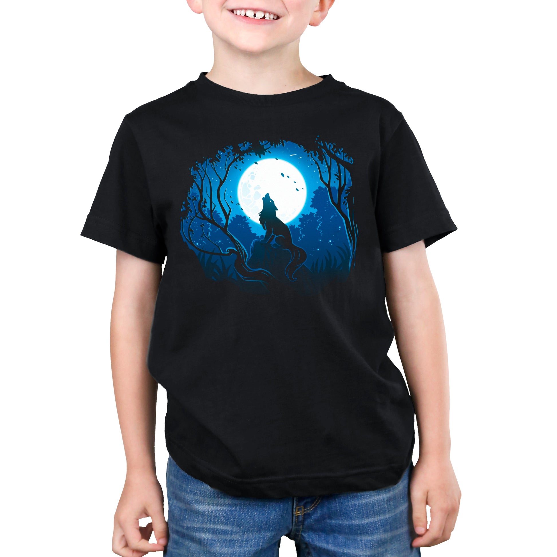 Premium Cotton T-shirt_TeeTurtle Moonlight Wolf black t-shirt featuring an artistic wolf howling at the full moon while sitting on a rock surrounded by trees.