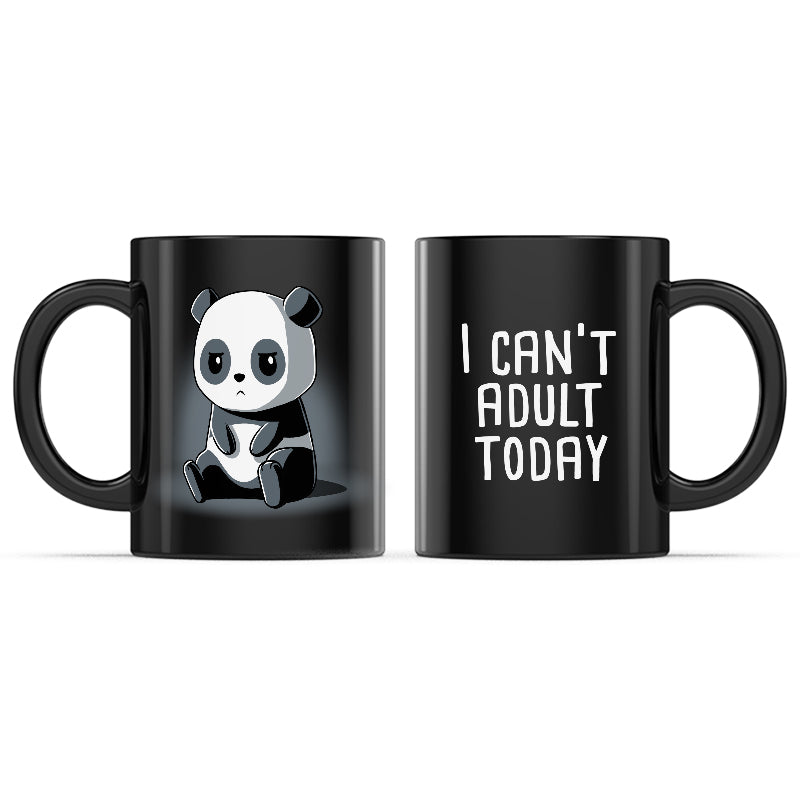 Ceramic Mug_TeeTurtle Can’t Adult Today black mug featuring a panda with a deadpan, tired expression, and the caption, “Can’t Adult Today”.