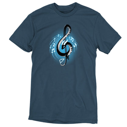 Premium Cotton T-shirt_TeeTurtle Musical Dragon denim blue t-shirt featuring a serpent-shaped musical dragon with piano key scales and white horns forming a treble clef, surrounded by musical notes on a dark blue background.