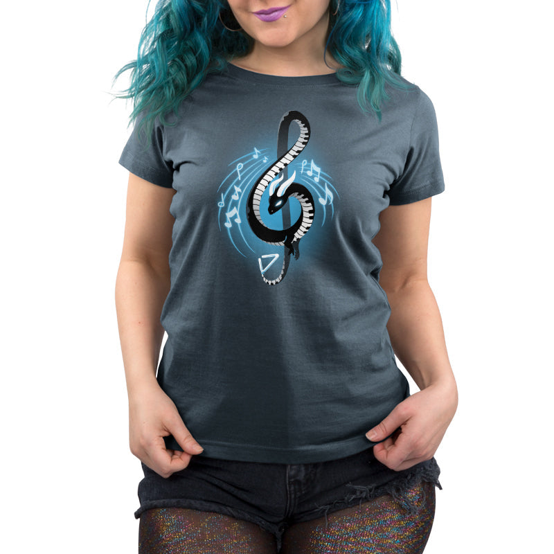 Premium Cotton T-shirt_TeeTurtle Musical Dragon denim blue t-shirt featuring a serpent-shaped musical dragon with piano key scales and white horns forming a treble clef, surrounded by musical notes on a dark blue background.