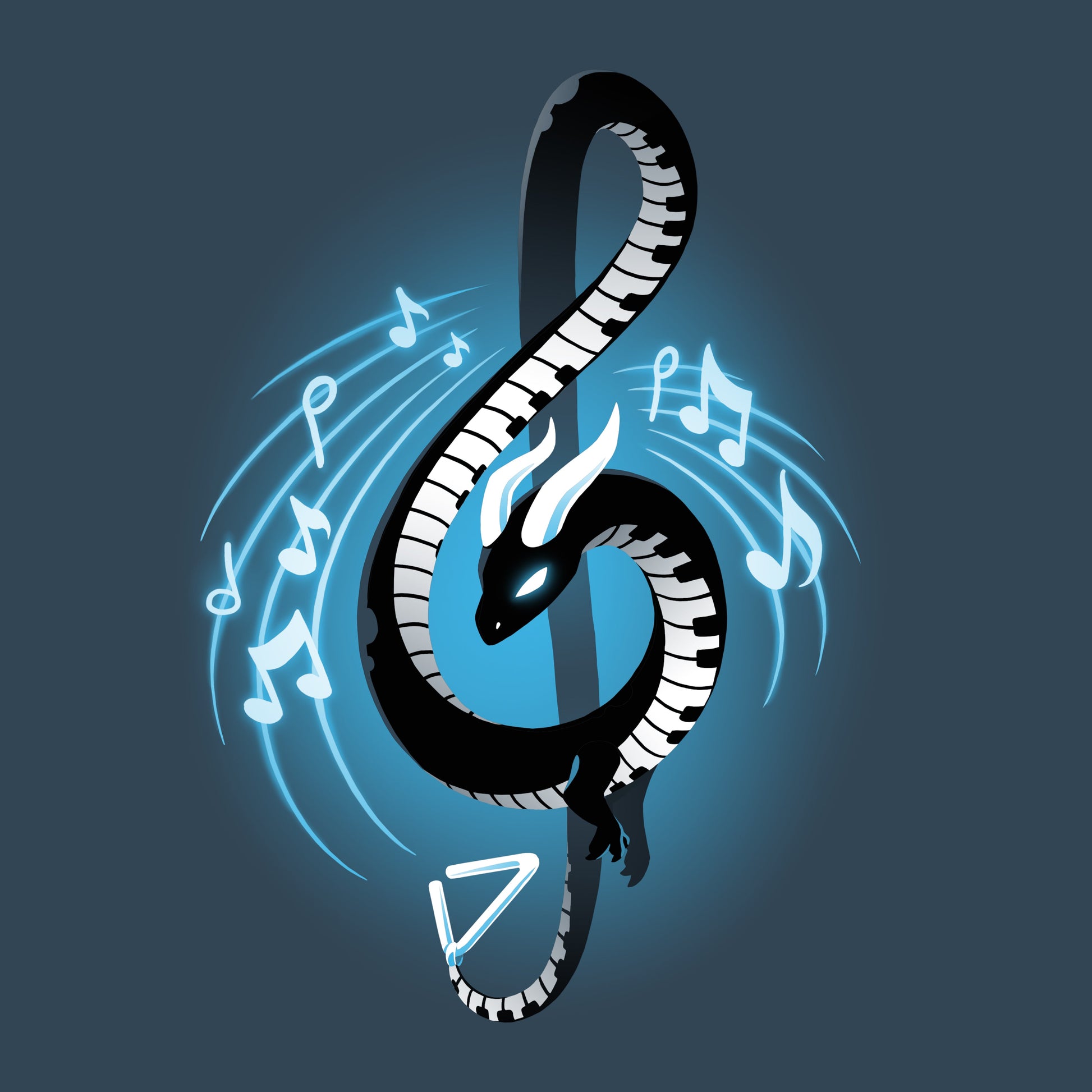 Premium Cotton T-shirt_TeeTurtle Musical Dragon denim blue t-shirt featuring a serpent-shaped musical dragon with piano key scales and white horns forming a treble clef, surrounded by musical notes on a dark blue background.