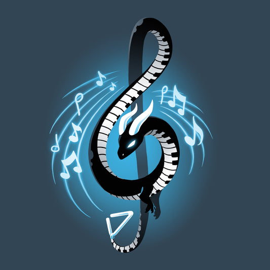 Premium Cotton T-shirt_TeeTurtle Musical Dragon denim blue t-shirt featuring a serpent-shaped musical dragon with piano key scales and white horns forming a treble clef, surrounded by musical notes on a dark blue background.