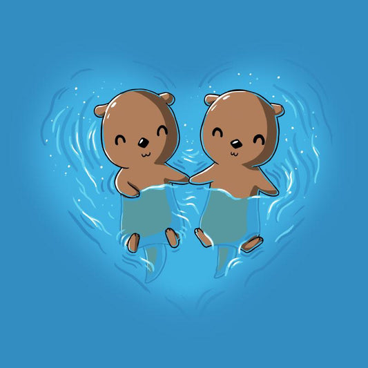 Premium Cotton T-shirt_Teeturtle My Otter Half cobalt blue t-shirt featuring two otters holding hands while floating on their backs in water, surrounded by ripples in a heart shape.