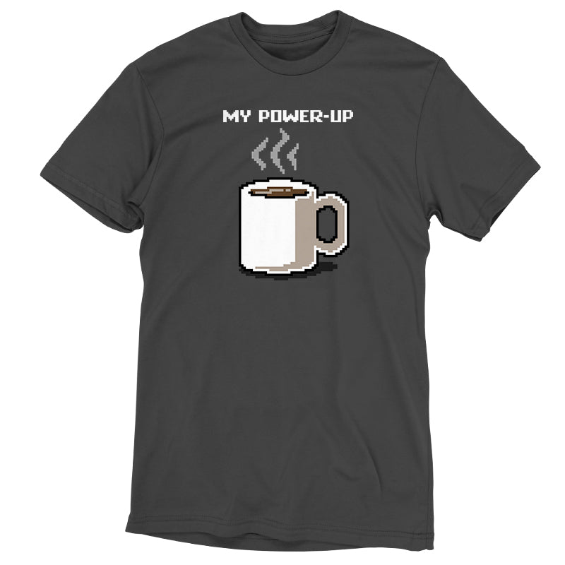 Premium Cotton T-shirt_TeeTurtle My Power Up charcoal grey t-shirt featuring a steaming mug of morning coffee.
