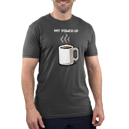 Premium Cotton T-shirt_TeeTurtle My Power Up charcoal grey t-shirt featuring a steaming mug of morning coffee.
