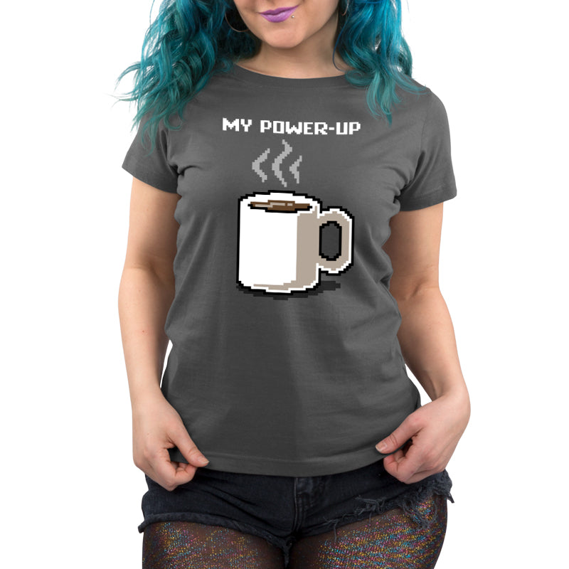 Premium Cotton T-shirt_TeeTurtle My Power Up charcoal grey t-shirt featuring a steaming mug of morning coffee.
