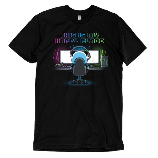 Premium Cotton T-shirt_Illustration of a person sitting at a computer desk with multiple monitors, wearing a headset and a black apparel. Above them, text reads 