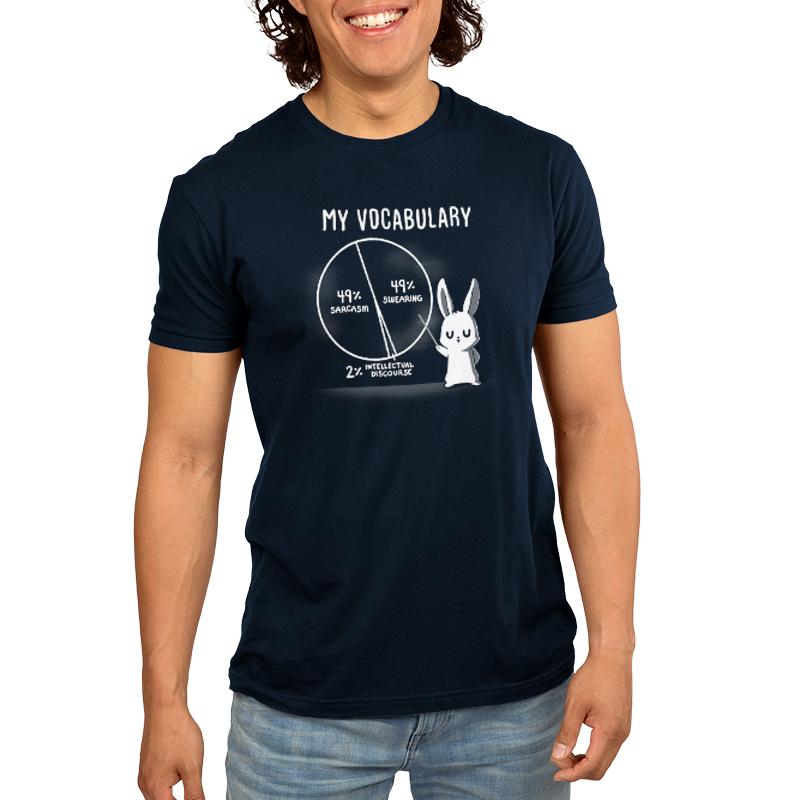 Premium Cotton T-shirt_TeeTurtle navy blue My Vocabulary. Featuring a bunny with a pie vocabulary chart split into 49% sarcasm, 49% swearing, and 2% intellectual discourse.