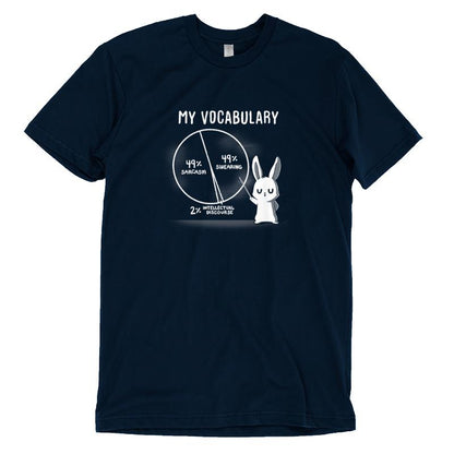 Premium Cotton T-shirt_TeeTurtle navy blue My Vocabulary. Featuring a bunny with a pie vocabulary chart split into 49% sarcasm, 49% swearing, and 2% intellectual discourse.