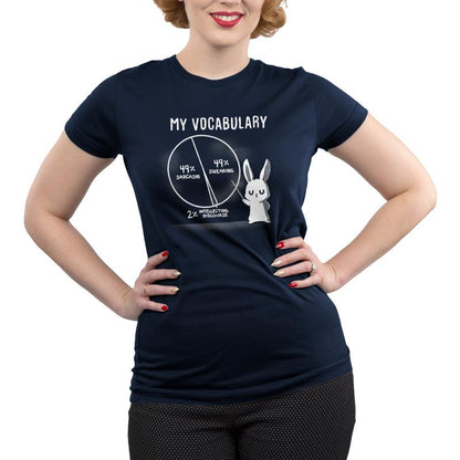 Premium Cotton T-shirt_TeeTurtle navy blue My Vocabulary. Featuring a bunny with a pie vocabulary chart split into 49% sarcasm, 49% swearing, and 2% intellectual discourse.