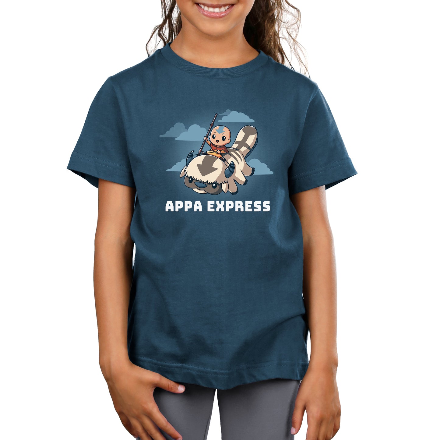 Premium Cotton T-shirt - Child wearing a denim blue "Appa Express" apparel by monsterdigital, featuring a cartoon character riding a flying bison, crafted from super soft ringspun cotton.