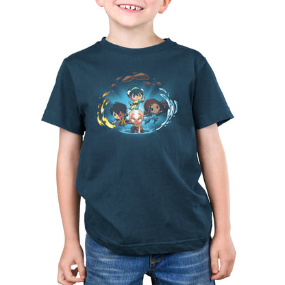 Premium Cotton T-shirt - Young boy smiling, wearing a denim blue apparel with a cartoon print of aquatic characters in a watery circle featuring Avatar: The Last Airbender by monsterdigital.